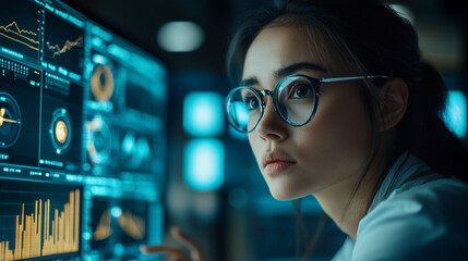 Woman data scientist analyzing financial data on multiple screens for market research insights and analytics on transparent background.