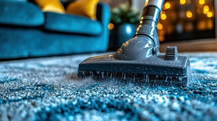 Vacuum cleaning blue carpet, cozy home interior