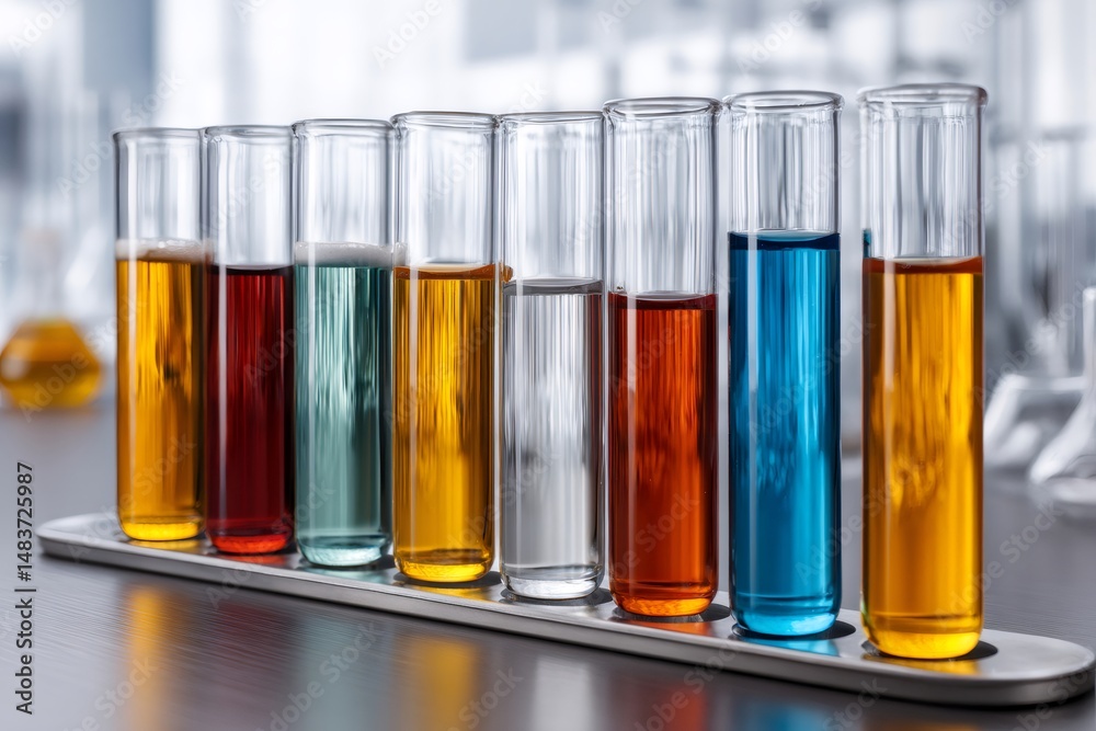 Poster test tubes containing colorful chemical substances in a laboratory setting