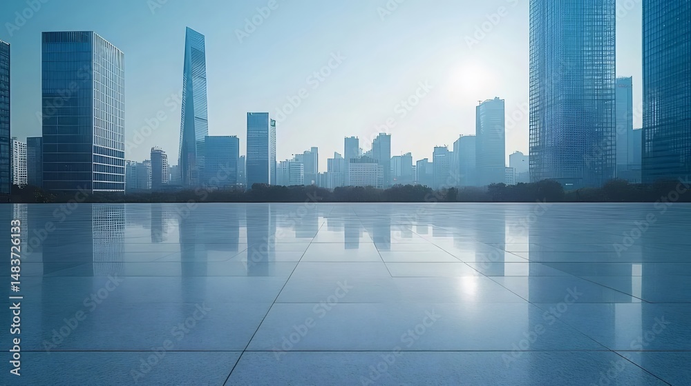 Poster 晴れた日の現代的な高層ビル群が立ち並ぶ都市の景観 鮮やかな青空と反射するコンクリートの広場