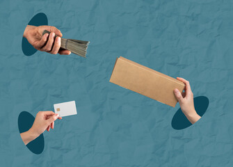 Box delivery service, online shop. Woman holding parcel, paying via app, order placed on website.