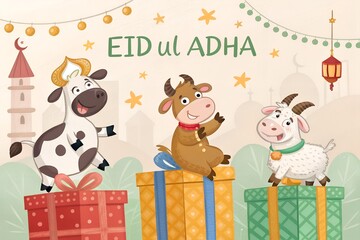 Eid ul Adha background featuring animated cow and goat together in Islamic festive mood
