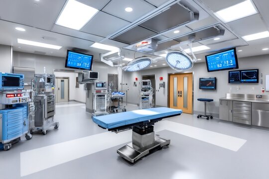 Modern operating room with surgical lights and medical equipment prepared for operation