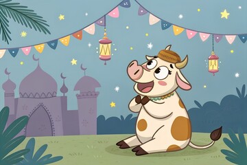 Cute animated cow sitting peacefully in Eid ul Adha festive Islamic background