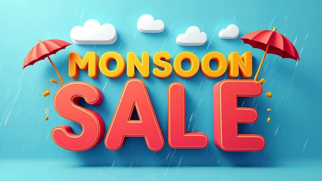 Monsoon Sale text with rain clouds, raindrops, and umbrellas, cheerful and eye-catching.

