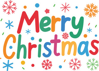 Festive Merry Christmas greeting with colorful lettering and snowflake designs perfect for winter holidays cards and decorations.