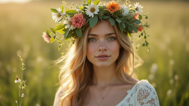 Woman in meadow wears lush flower crown, midsummer tradition