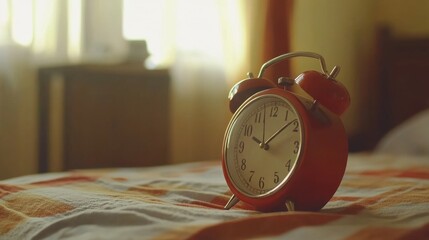 Retro alarm clock with five minutes to twelve o'clock. Old style filtered photo time morning