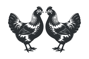 Two hens facing each other in a symmetrical black and white illustration