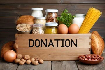Donation box full of different products on wooden background