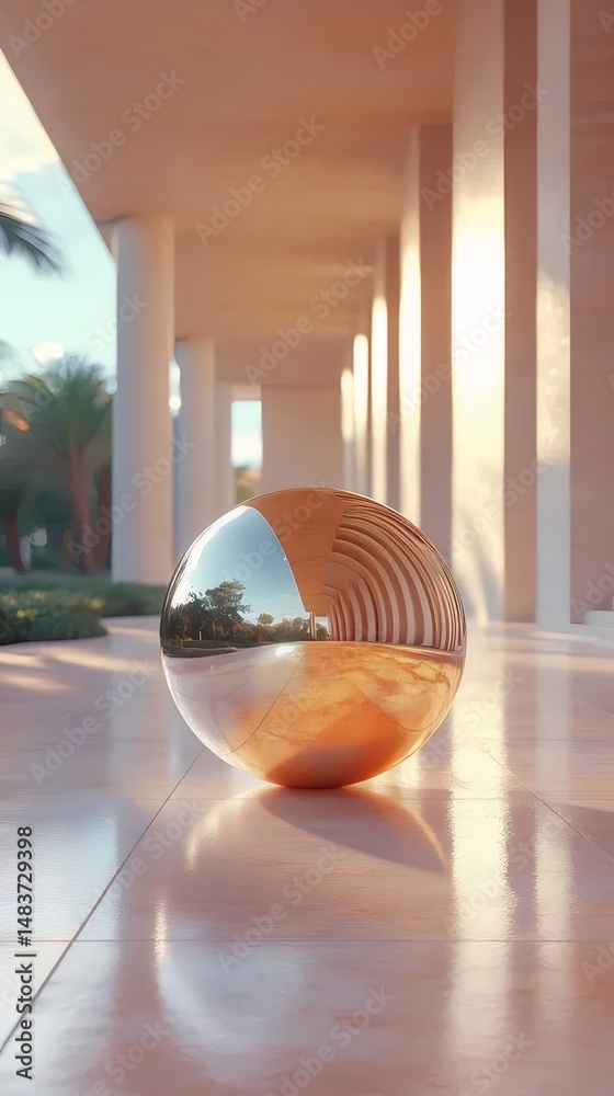 Aufkleber ベージュの柱と幾何学的な球体が特徴的な建築構造の静物写真 コリドーと反射面のミニマルな構図