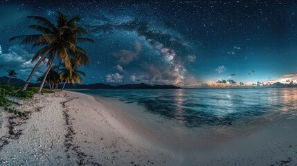 Night sky panorama over tropical beach.