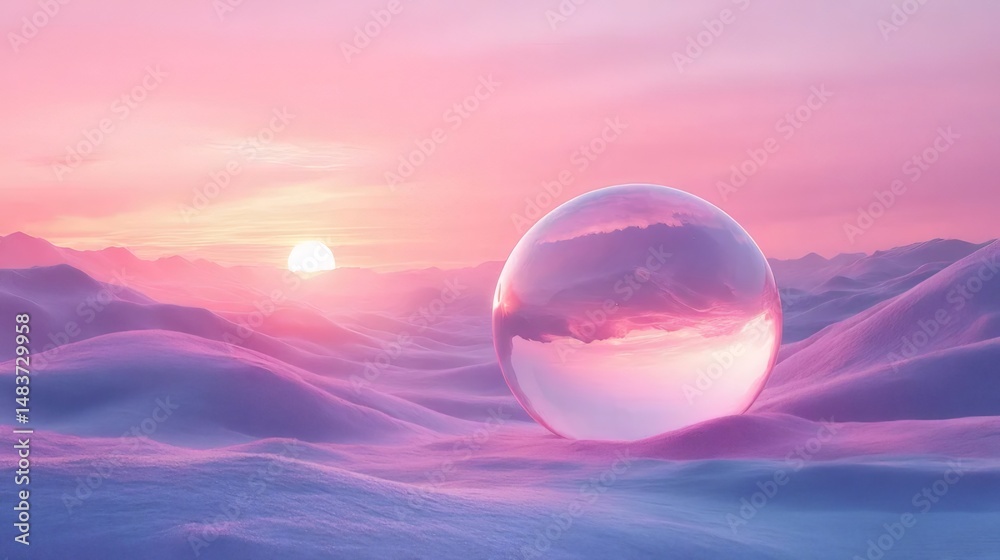 Poster ピンクと紫の空に沈む夕日の反射が入った雪の風景の中の球体
