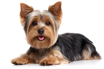 Yorkshire terrier puppy lying on white background
