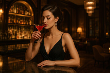 Woman in black dress holding a drink.