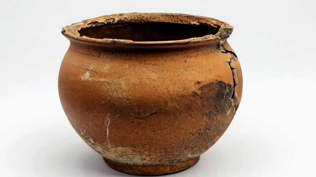 A broken clay pot with a hole in the middle. The pot is brown and has a rough texture