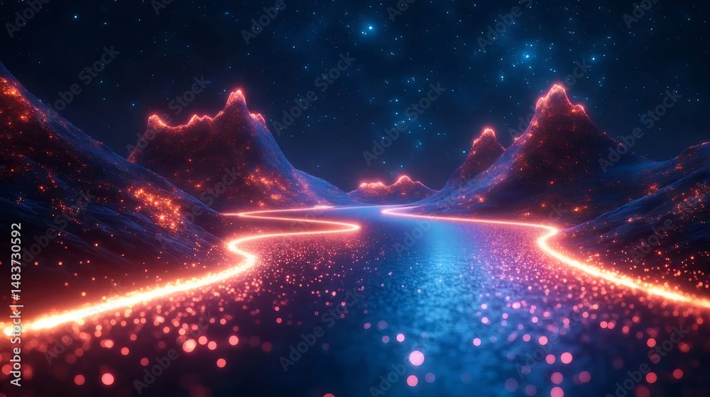 Poster 抽象的な未来的な風景 オレンジと青の光が輝く星空の背景にデジタルピクセル山と川の3dレンダリング