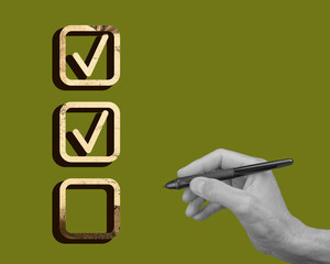 Hand holding pen, ticking checkmark on paper. Businesswoman completing survey, marking choices on
