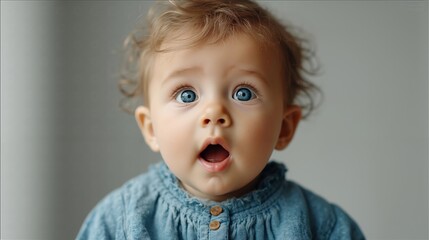 Naklejka premium A baby with blue eyes and a surprised look on his face