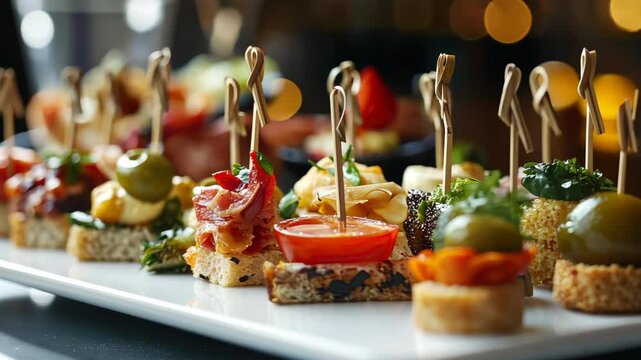 A white plate with a variety of appetizers, including meat, cheese, and vegetables. The appetizers are held together with toothpicks