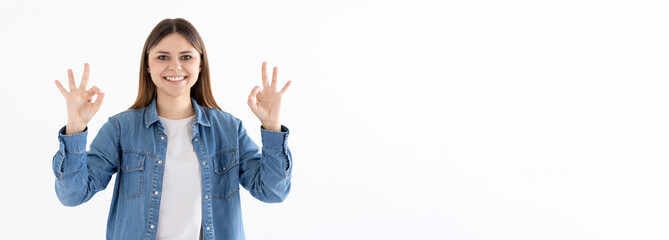 Obraz premium Portrait of pretty positive person two arms fingers make okey symbol isolated on white background