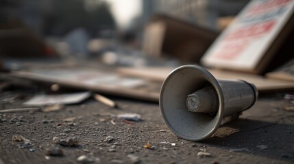 Fototapeta premium A worn megaphone rests abandoned on a street amidst scattered debris, embodying a silent echo of protests or gatherings now past.