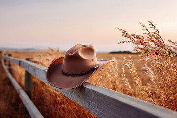 Cowboy hat rests on a wooden fence amidst a field of golden wheat at sunset.