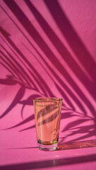 Empty glass with palm shadows on a pink background for aesthetic drink presentation