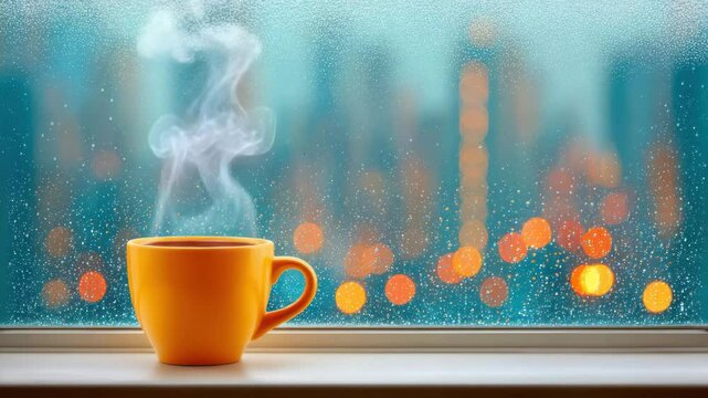  Window steam cup  Hot coffee cup on rainy window sill with warm lights bokeh, hot coffee steam rising in cozy city evening, peaceful mood with hot coffee aroma