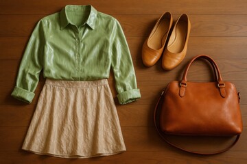 Bamboo shirt, recycled silk skirt, vegan flats, and recycled leather bag laid out neatly on wooden surface for eco-style fashion

