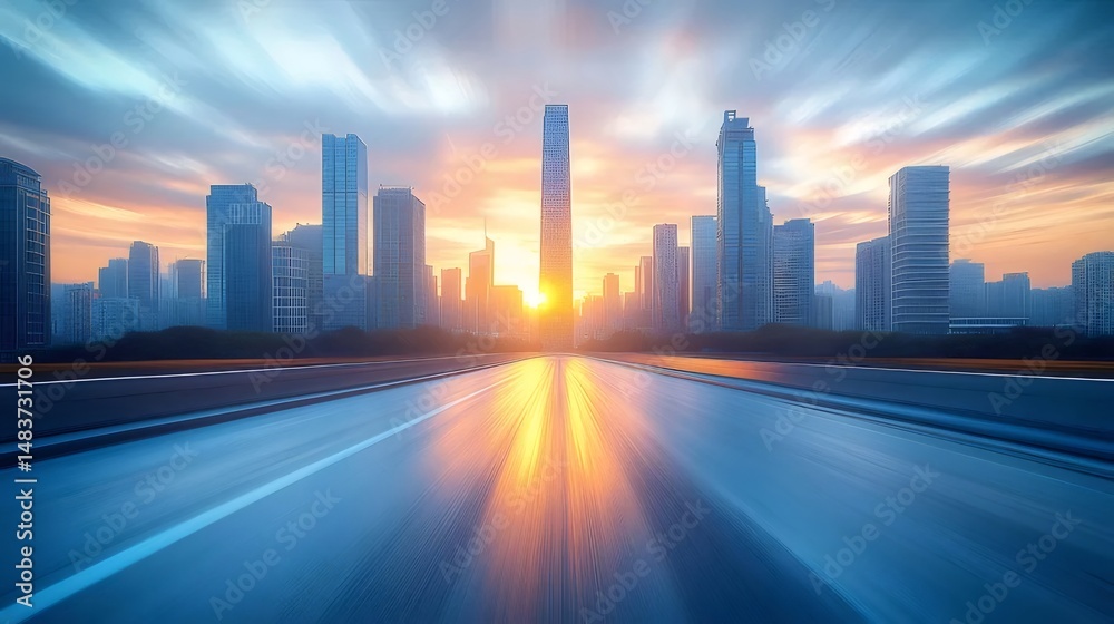 Poster 青い舗装道路と劇的な夕焼けの空を背景にした鮮やかな都市のスカイラインと高層ビル群 未来的な建築デザインと都市計画