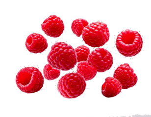 Raspberries, red and vibrant, appear naturally separated while gracefully falling on a clean white background, creating a visually ideal composition perfect for design, food presentations, product adv