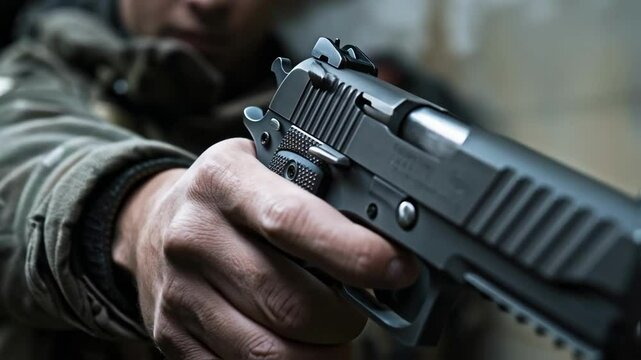 A closeup of a hand gripping a firearm with a blurred background of an operational setting conveying the gravity and responsibility involved in defense duties.