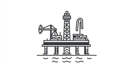 Obraz premium Offshore Oil Rig Illustration: A Black and White Line Drawing of an Oil Platform in the Ocean