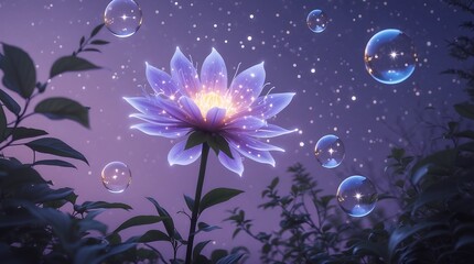 Glowing Moonflower Blooming Beneath Lilac Night Sky with Starry Bubbles and Soft Foliage

