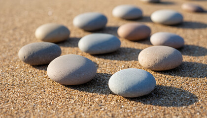 Zen Stones and Pebbles Pattern on Sandy Beach