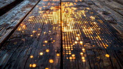 World Map Patterned on Weathered Wood Texture with Dotted Representation and Bright Luminous Details