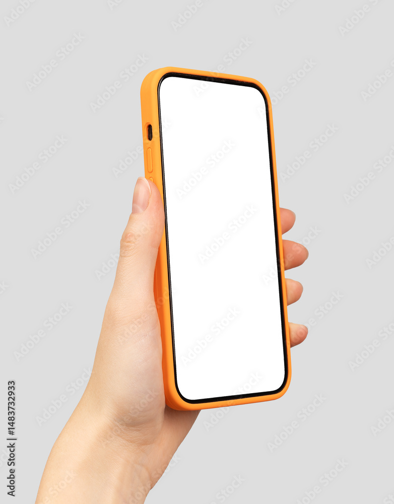 Poster smartphone in hand, showing screen. modern mobile device, business app, and communication tool.