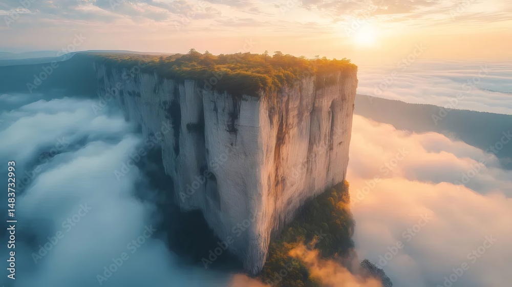 Aufkleber 雲海に浮かぶ崖の山の壮大な風景 朝日の光が差し込む自然の神秘的な光景