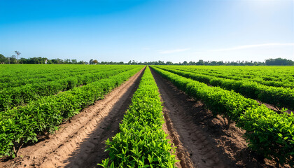 Rows of Green Yerba Mate Plants in Agriculture Field