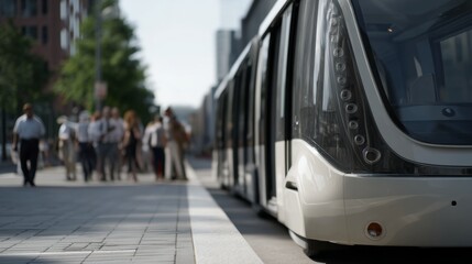 A sleek modern tram stops at a busy city street, surrounded by pedestrians, symbolizing urban transit and connectivity.