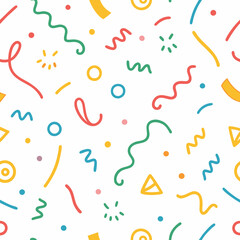 Festive, colorful pattern with hand-drawn shapes and lines