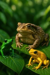 Obraz premium Green poison dart frog, golden poison frog, and cane toad on tropical leaves in forest habitat