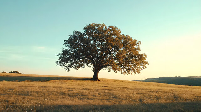 Solitary Tree in Golden Field: A majestic tree stands alone in a vast field of golden grasses, its silhouette contrasting against a serene and clear sky, evoking a sense of peace and solitude.