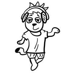funny dog ​​boy dancing to music in headphones, black outline