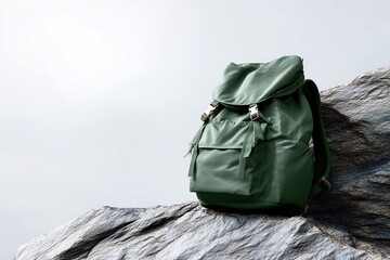 Green backpack resting on a rock face, ready for an outdoor adventure.