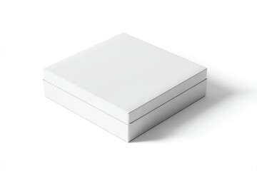 Elevated view of a closed, white square box, placed on an even white surface.
