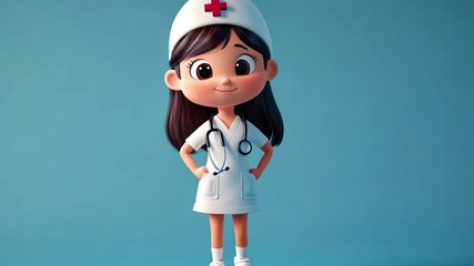A cartoon girl in a white nurse's uniform stands in front of a blue background. She is smiling and holding a stethoscope - Powered by Adobe
