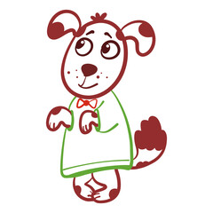 cute modest puppy standing on hind legs, wearing a sweater with a bow tie
