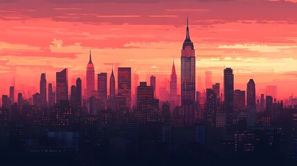 Digital illustration of a dark skyline dominated by skyscrapers under a vibrant red sunset.